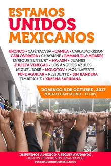  EstamosUnidosMexicanos, magno concierto que se realizará el domingo 8 de octubre en el Zócalo capitalino en beneficio de los afectados por el sismo